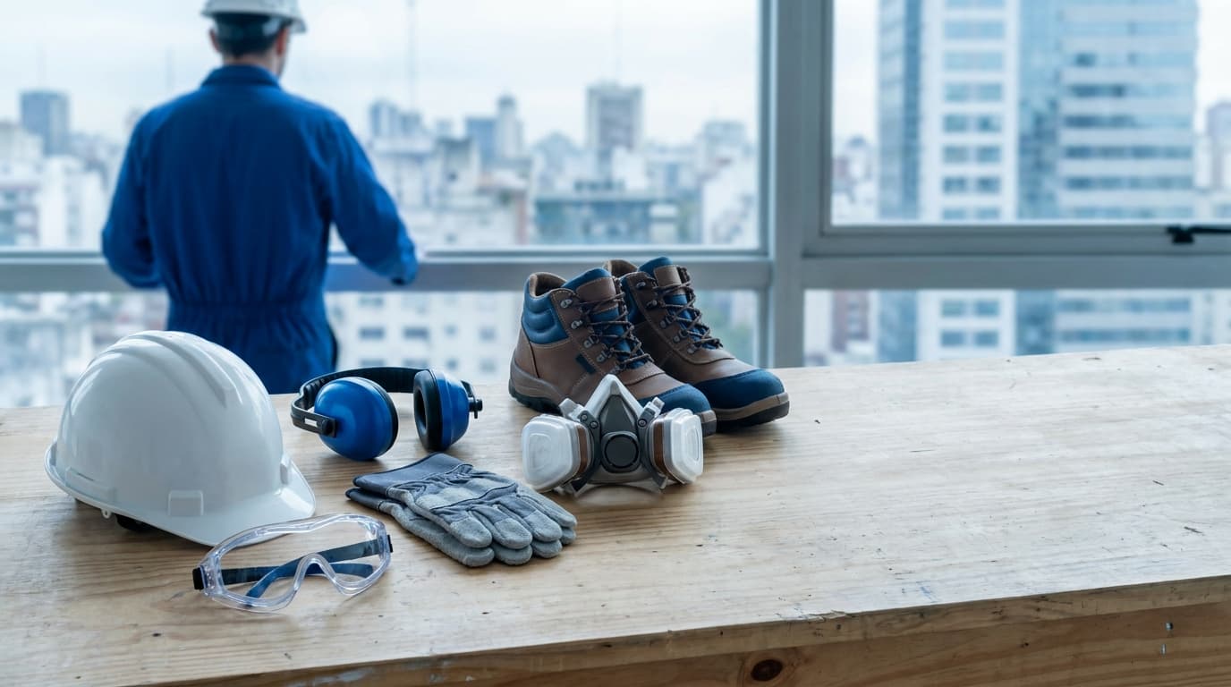 Conjunto de elementos de protección personal sobre un banco de trabajo: casco, antiparras, protectores auditivos, guantes, respirador de media cara y botines de seguridad