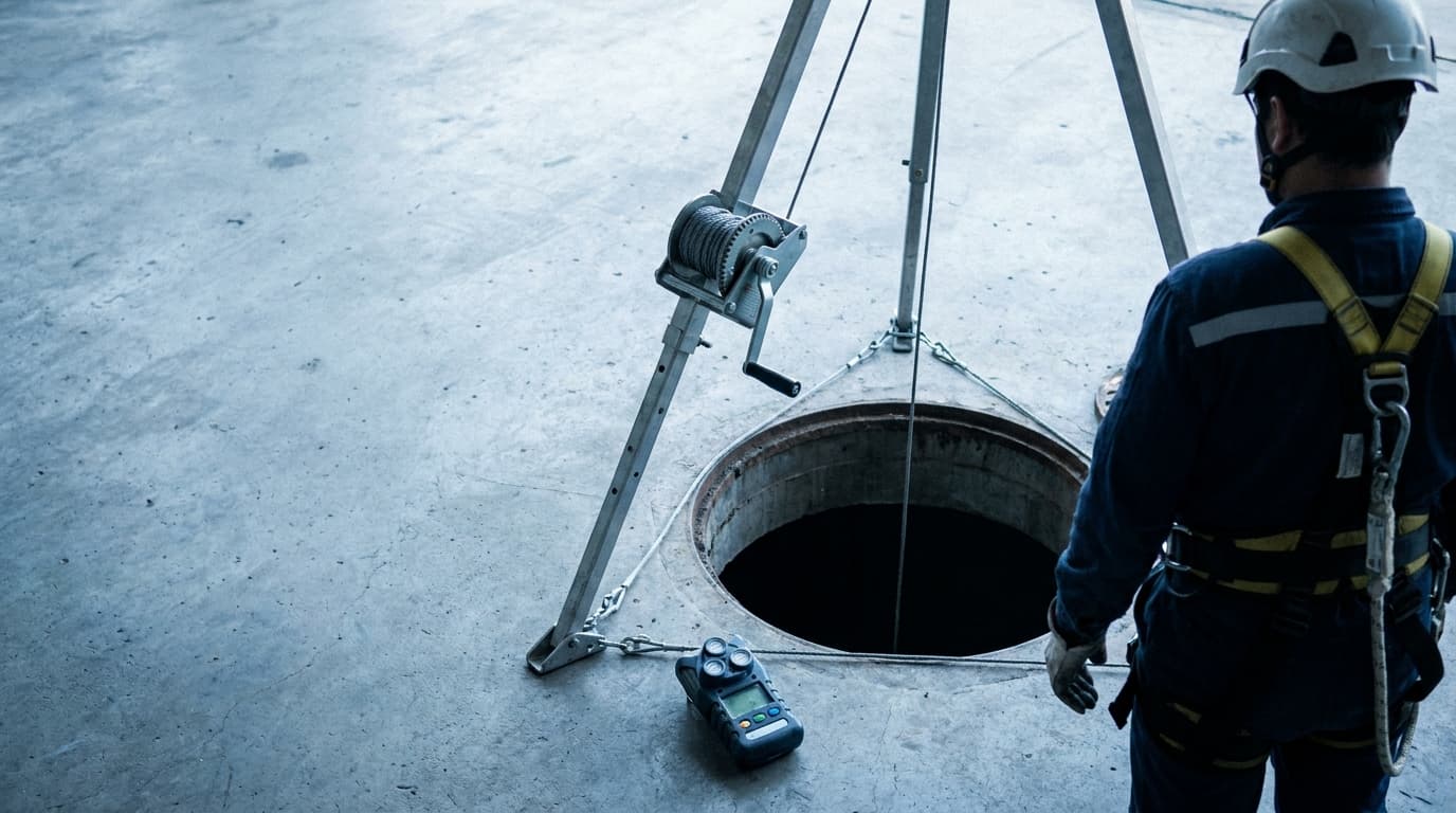 Boca de hombre de un tanque con trípode de rescate montado, detector de cuatro gases en el piso y un operario cumpliendo la función de vigía
