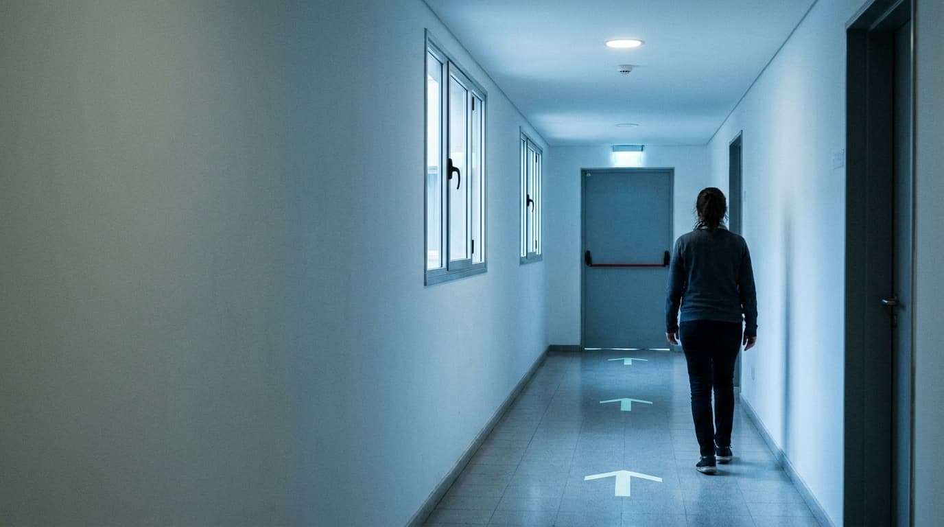 Pasillo de evacuación despejado con flechas fotoluminiscentes en el piso, luz de emergencia encendida y puerta de salida con barral antipánico