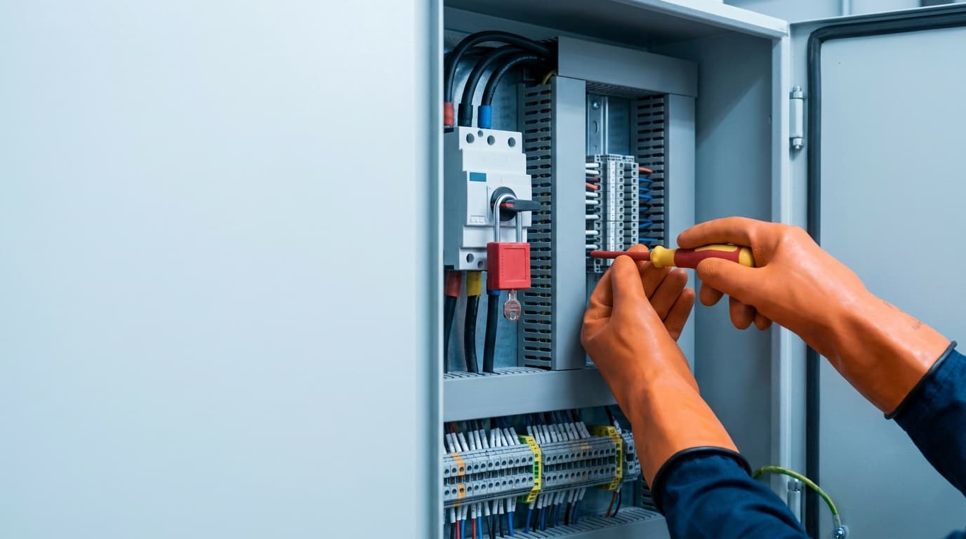 Intervención sobre un tablero eléctrico con guantes dieléctricos, destornillador de mango aislado y candado de bloqueo colocado sobre el interruptor principal