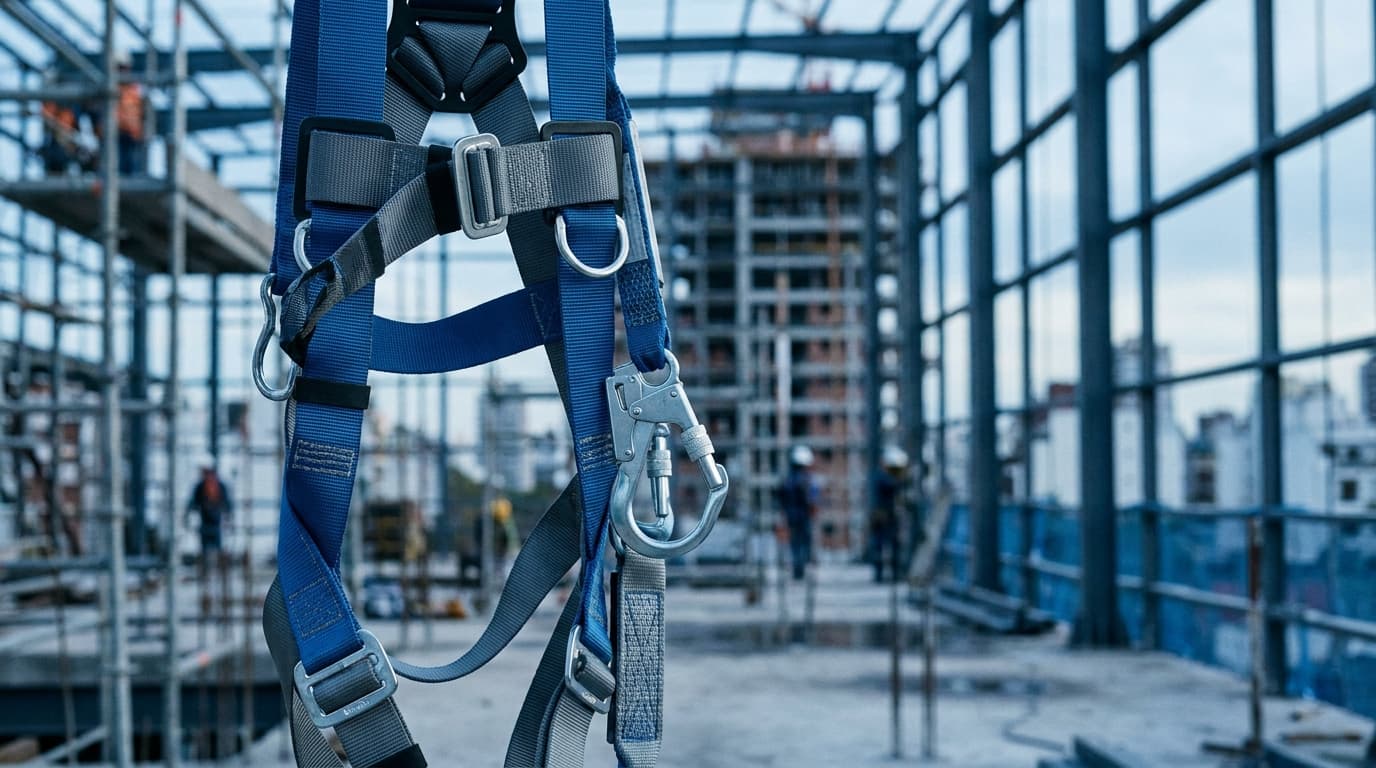 Arnés de seguridad de cuerpo entero en detalle, con argolla dorsal y cabo de vida con absorbedor de energía y mosquetón de doble seguro