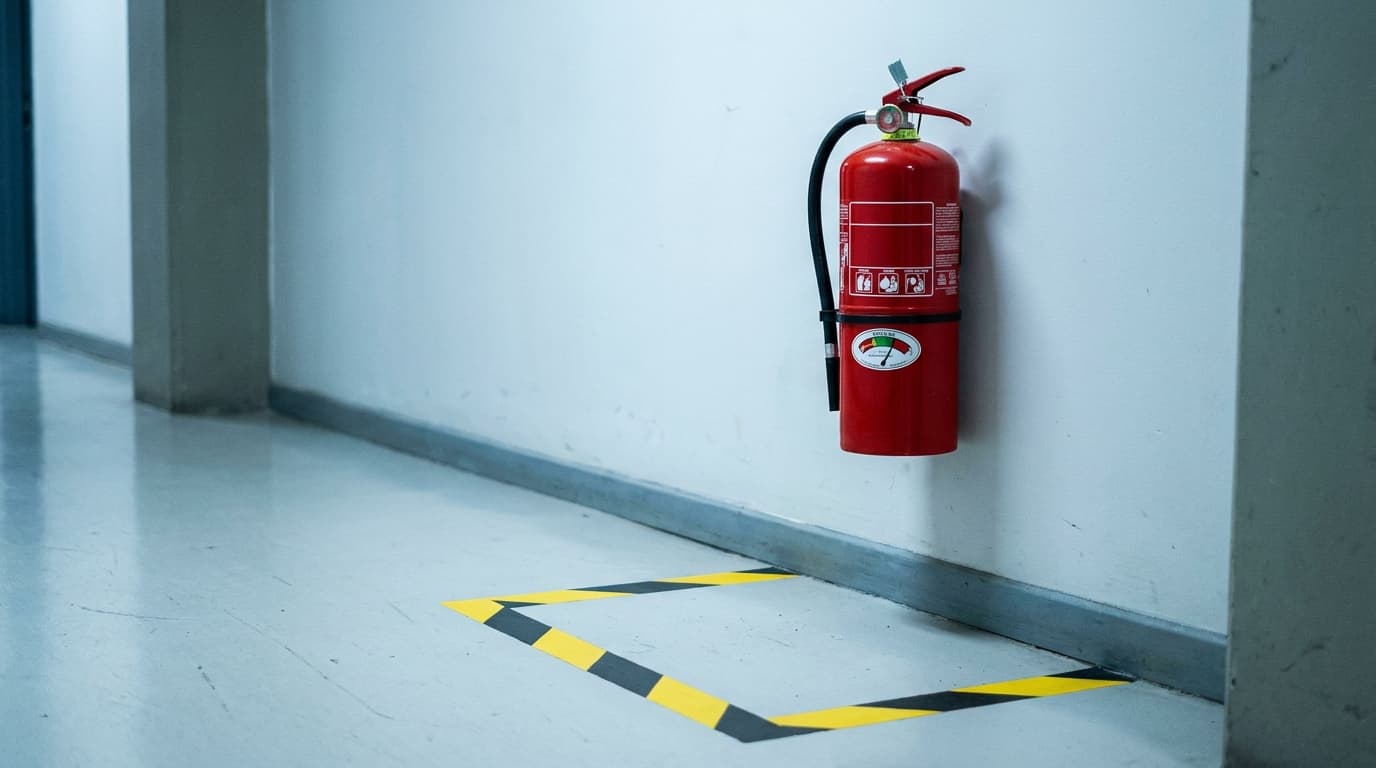 Matafuego de polvo químico montado en la pared, con el manómetro en la zona verde y la demarcación de piso que mantiene libre el acceso