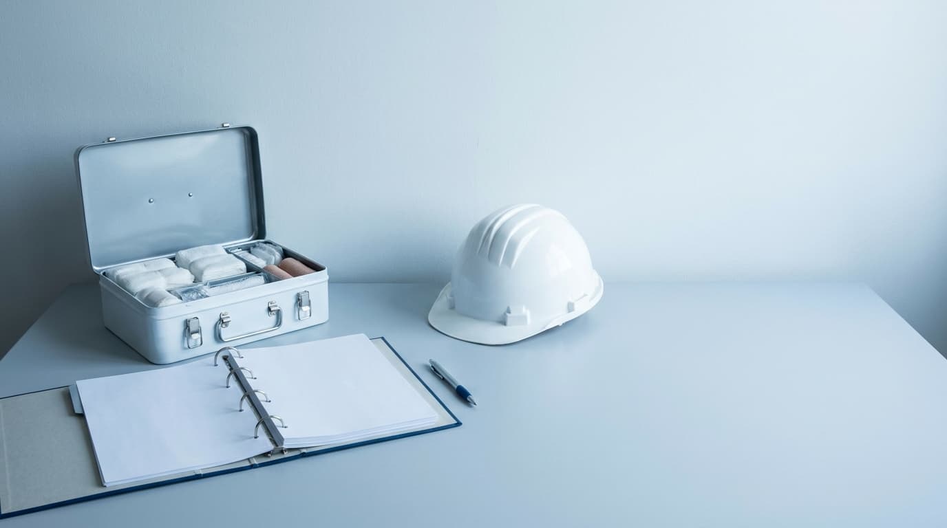 Botiquín de primeros auxilios abierto sobre un escritorio junto a una carpeta de documentación y un casco de seguridad apoyado al costado