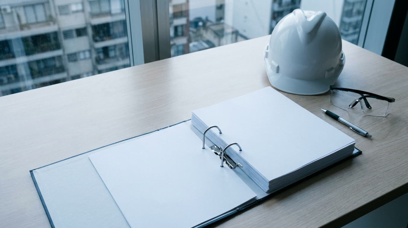 Carpeta de legajo técnico abierta sobre un escritorio, junto a un casco de seguridad blanco y anteojos de protección