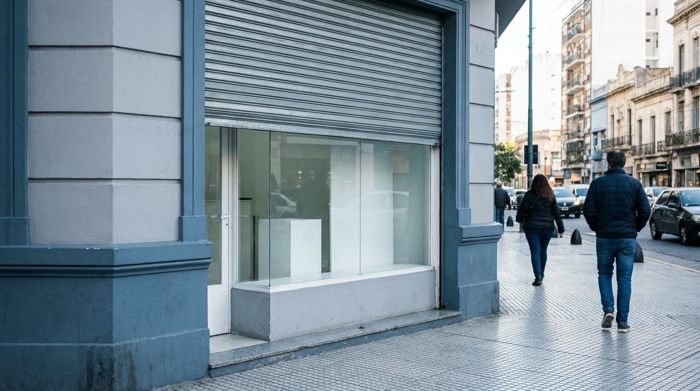 Frente de un local comercial con la cortina metálica levantada en una avenida de la Ciudad de Buenos Aires
