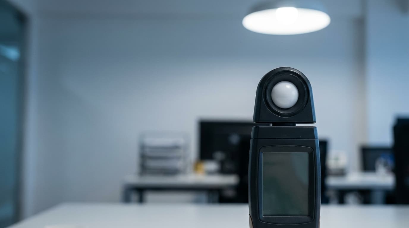 Luxómetro apoyado sobre un plano de trabajo en una oficina, con la célula fotosensible orientada hacia arriba para tomar la medición