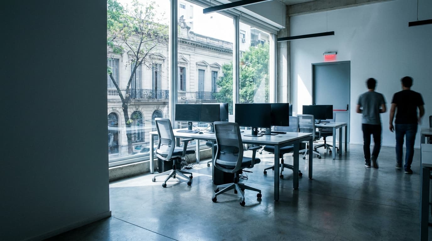 Interior de una oficina en Buenos Aires con sillas ergonómicas, pasillos de circulación despejados y luz de emergencia sobre la puerta
