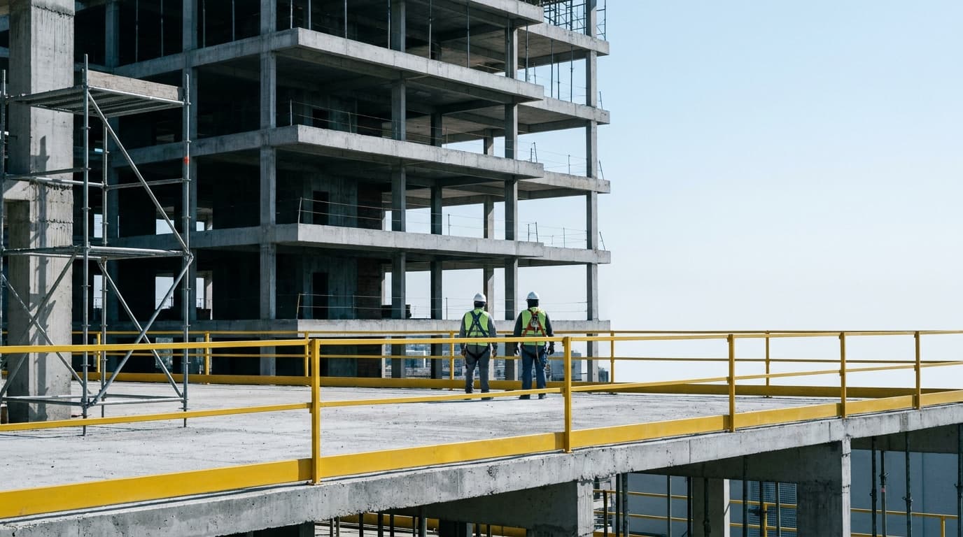 Obra en construcción con el perímetro de la losa protegido por barandas reglamentarias y operarios con casco, chaleco reflectivo y arnés