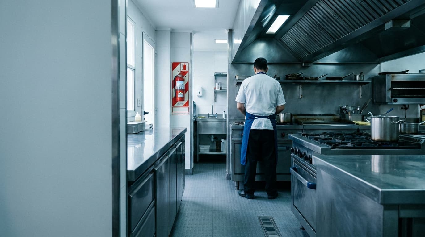 Cocina profesional de restaurante con campana de extracción, mesadas de acero inoxidable y un extintor señalizado sobre la pared